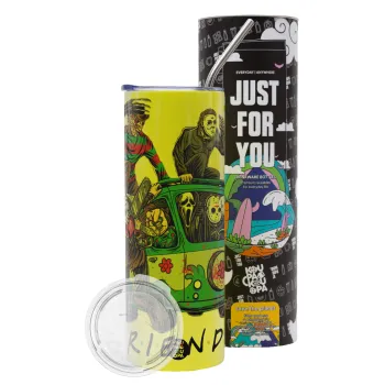 Halloween Friends Scooby Doo, Neon Yellow Travel Tumbler θερμό, μεταλλικό καλαμάκι(Ανωξείδωτο 304 Food grade, BPA free, 600ml)