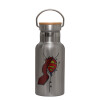 Stainless steel metallic thermos flask, silver with a bamboo lid, double-walled, 350ml.