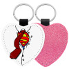 Μπρελόκ PU δερμάτινο glitter καρδιά ΡΟΖ