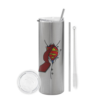 SuperDad, Eco friendly stainless steel Silver tumbler 600ml, with metal straw & cleaning brush