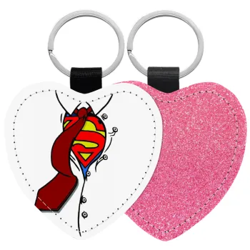 SuperDad, Μπρελόκ PU δερμάτινο glitter καρδιά ΡΟΖ