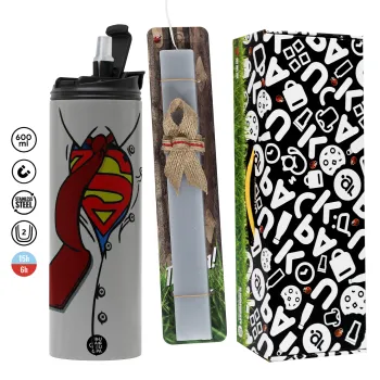 SuperDad, Πασχαλινή Λαμπάδα με Travel Tumbler θερμό (600ml, BPA free) & κερί αρωματικό πλακέ (30cm) (ΓΚΡΙ)