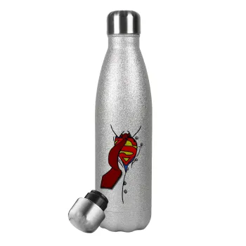 SuperDad, Μεταλλικό παγούρι θερμός Glitter Aσημένιο (Stainless steel), διπλού τοιχώματος, 500ml