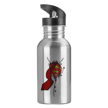SuperDad, Water bottle Silver with straw, stainless steel 600ml