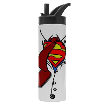 SuperDad, Μεταλλικό παγούρι θερμός με καλαμάκι & χειρολαβή, ανοξείδωτο ατσάλι (Stainless steel 304), διπλού τοιχώματος, 600ml