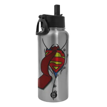 SuperDad, Metal mug thermo Silver with Straw and Spout Lid (Stainless steel), double wall, 950ml