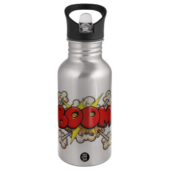 BOOM!!!, Water bottle Silver with straw, stainless steel 500ml