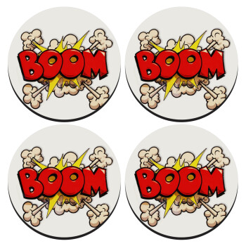 BOOM!!!, SET of 4 round wooden coasters (9cm)
