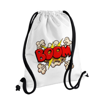 BOOM!!!, Τσάντα πλάτης πουγκί GYMBAG λευκή, με τσέπη (40x48cm) & χονδρά κορδόνια