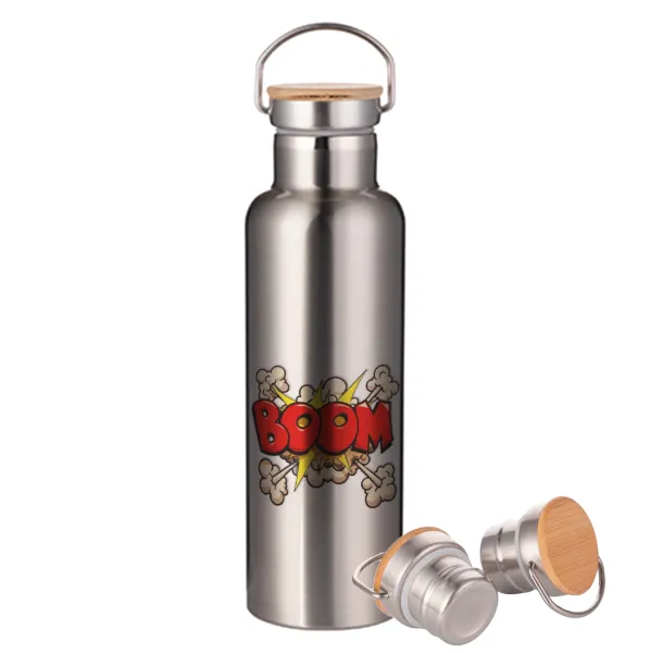 BOOM!!! — Μεταλλικό παγούρι θερμός (Stainless steel) Ασημένιο με ξύλινο καπακι (bamboo), διπλού τοιχώματος, 750ml