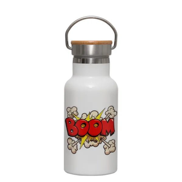 BOOM!!! — Metallic thermos (Stainless steel) White with wooden lid (bamboo), double-walled, 350ml