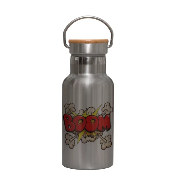 BOOM!!! — Stainless steel metallic thermos flask, silver with a bamboo lid, double-walled, 350ml.