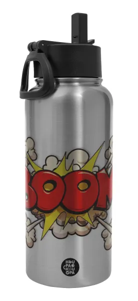 BOOM!!! — Metal mug thermo Silver with Straw and Spout Lid (Stainless steel), double wall, 950ml