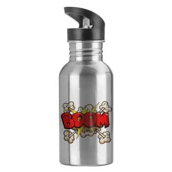 BOOM!!!, Water bottle Silver with straw, stainless steel 600ml