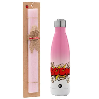 BOOM!!!, Easter Set, Metallic pink/white (Stainless steel) thermos, double-walled, 500ml & aromatic flat Easter candle (30cm) (PINK)