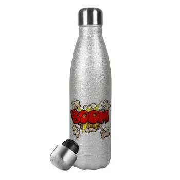 BOOM!!!, Metallic Glitter Silver Thermos Flask (Stainless steel), double-walled, 500ml