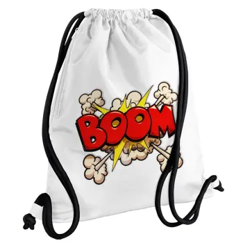 BOOM!!!, Τσάντα πλάτης πουγκί GYMBAG λευκή, με τσέπη (40x48cm) & χονδρά κορδόνια