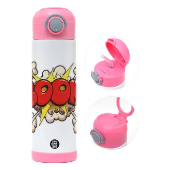 BOOM!!!, Children's hot water bottle, stainless steel, with safety straw, PINK (500ml)