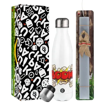 BOOM!!!, Πασχαλινή Λαμπάδα με μεταλλικό παγούρι θερμός λευκός (500ml) & λαμπάδα αρωματική πλακέ (30cm) (ΓΚΡΙ)