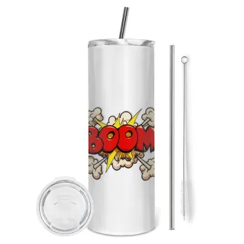 BOOM!!!, Tumbler ποτήρι θερμό από ανοξείδωτο ατσάλι 600ml, με μεταλλικό καλαμάκι & βούρτσα καθαρισμού