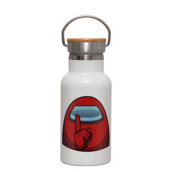 Among US, Μεταλλικό παγούρι θερμός (Stainless steel) Λευκό με ξύλινο καπακι (bamboo), διπλού τοιχώματος, 350ml