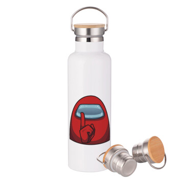 Among US, Μεταλλικό παγούρι θερμός (Stainless steel) Λευκό με ξύλινο καπάκι (bamboo), διπλού τοιχώματος, 750ml