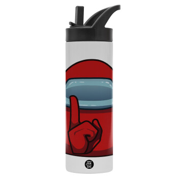 Among US, Metallic thermos bottle with straw & handle, stainless steel (Stainless steel 304), double-walled, 600ml.