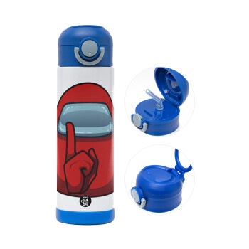 Among US, Children's hot water bottle, stainless steel, with safety straw, BLUE (500ml)
