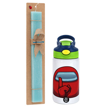 Among US, Easter Set, Children's thermal stainless steel bottle with safety straw, green/blue (350ml) & aromatic flat Easter candle (30cm) (TURQUOISE)