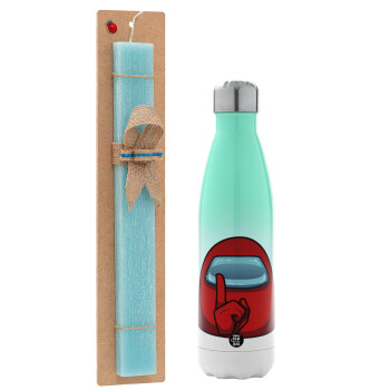 Among US, Easter Set, Metallic green/white thermos (Stainless steel), double-walled, 500ml & scented flat Easter candle (30cm) (TURQUOISE)