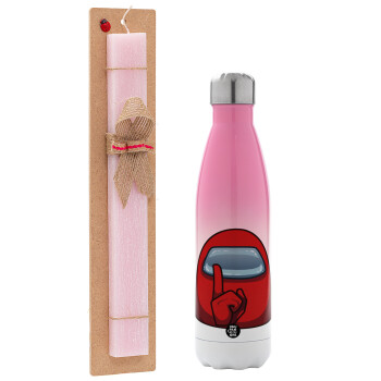 Among US, Easter Set, Metallic pink/white (Stainless steel) thermos, double-walled, 500ml & aromatic flat Easter candle (30cm) (PINK)