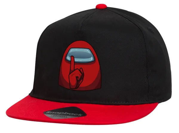 Among US — Flat Snapback Hat, Black/Red (100% COTTON, UNISEX, ONE SIZE)