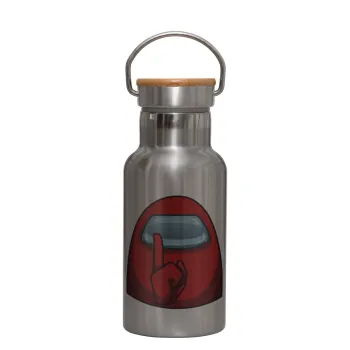 Among US, Μεταλλικό παγούρι θερμός (Stainless steel) Ασημένιο με ξύλινο καπακι (bamboo), διπλού τοιχώματος, 350ml