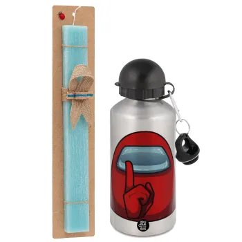 Among US, Easter Set, metallic silver aluminum water bottle (500ml) & scented flat Easter candle (30cm) (TURQUOISE)
