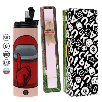 Among US, Easter candle,Travel Tumbler 2 Lids, with metal straw & cleaning brush & aromatic flat candle (30cm) (PINK)