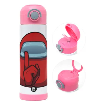 Among US, Children's hot water bottle, stainless steel, with safety straw, PINK (500ml)