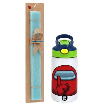 Among US, Easter Set, Children's thermal stainless steel bottle with safety straw, green/blue (350ml) & aromatic flat Easter candle (30cm) (TURQUOISE)