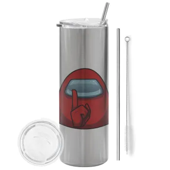 Among US, Tumbler ποτήρι θερμό Ασημένιο από ανοξείδωτο ατσάλι 600ml, με μεταλλικό καλαμάκι & βούρτσα καθαρισμού