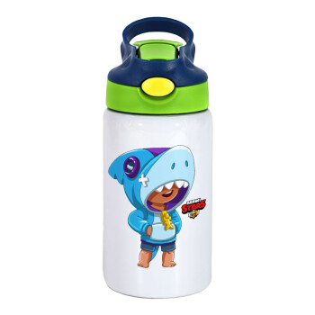 BrawlStars Leon Shark, Children's hot water bottle, stainless steel, with safety straw, green, blue (350ml)