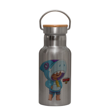 Brawl Stars Leon Shark, Μεταλλικό παγούρι θερμός (Stainless steel) Ασημένιο με ξύλινο καπακι (bamboo), διπλού τοιχώματος, 350ml