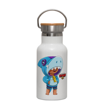 Brawl Stars Leon Shark, Μεταλλικό παγούρι θερμός (Stainless steel) Λευκό με ξύλινο καπακι (bamboo), διπλού τοιχώματος, 350ml