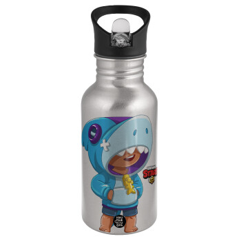 Brawl Stars Leon Shark, Water bottle Silver with straw, stainless steel 500ml