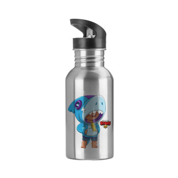 Brawl Stars Leon Shark, Water bottle Silver with straw, stainless steel 600ml