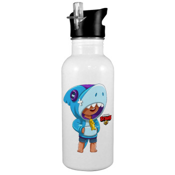 Brawl Stars Leon Shark, White water bottle with straw, stainless steel 600ml