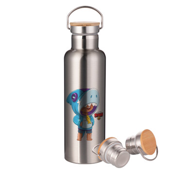 Brawl Stars Leon Shark, Stainless steel Silver with wooden lid (bamboo), double wall, 750ml