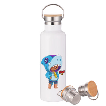 Brawl Stars Leon Shark, Μεταλλικό παγούρι θερμός (Stainless steel) Λευκό με ξύλινο καπάκι (bamboo), διπλού τοιχώματος, 750ml