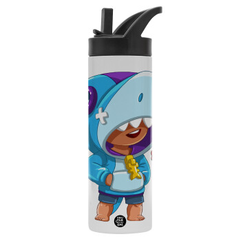 Brawl Stars Leon Shark, Metallic thermos bottle with straw & handle, stainless steel (Stainless steel 304), double-walled, 600ml.