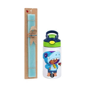 Brawl Stars Leon Shark, Easter Set, Children's thermal stainless steel bottle with safety straw, green/blue (350ml) & aromatic flat Easter candle (30cm) (TURQUOISE)