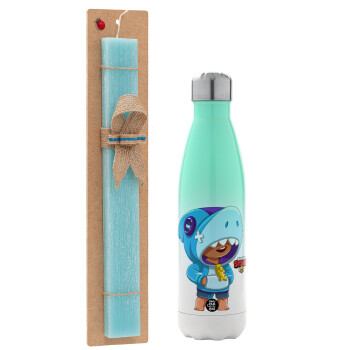 Brawl Stars Leon Shark, Easter Set, Metallic green/white thermos (Stainless steel), double-walled, 500ml & scented flat Easter candle (30cm) (TURQUOISE)