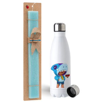 Brawl Stars Leon Shark, Easter Set, metallic stainless steel water bottle (750ml) & aromatic flat Easter candle (30cm) (TURQUOISE)